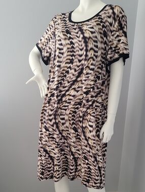 Calvin Klein Black and Beige Short Sleeve Printed Midi Dress
